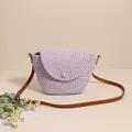 Borsa a tracolla intrecciata viola e bianca con fibbia a perla e cinturino in pelle marrone - Viola