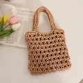 Handwoven khaki cotton rope tote bag with hollow out mesh design and round handles - Coffee