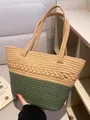 Borsa tote in paglia intrecciata a mano beige e verde scuro per le vacanze al mare - Verde + Caffè