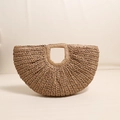 Natural straw handbag in a crescent moon shape with hollow circular handles - Square Handle Semi-Circle Crochet / Coffee