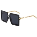 Square black sunglasses with oversized frames and gold metal chain link temples - Black Frame Gray Lens