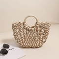 Borsa a mano a semicerchio in paglia intrecciata beige con manico circolare da mare - Caffè e Bianco (Luna Piccola)