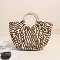 Borsa tote semicircolare in paglia bicolore con manici rotondi per vacanze al mare - Marrone e Bianco (Luna Piccola)