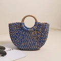 Blue and brown semicircular woven straw handbag with circular integrated handles - Blue & Brown (Small Moon)