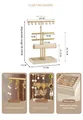 Adjustable beige and gold jewelry tower showing hooks, earring holes and ring tray dimensions - Gold Multi-Tier Adjustable Style (Multi-Hook Style)