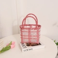 Pink and white woven jelly handbag for women with dual handles in a beach tote style - Jelly Pink (Mini)
