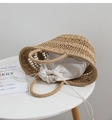 Detail of hand-woven straw bucket bag with round handles and white drawstring liner - Natural Hollow Style (With Drawstring Lining)