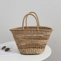 French vintage hollow-out straw handbag with circular handles for summer beach vacations - Off-white Hollow