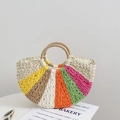 Borsa a mano semicircolare in paglia con strisce arcobaleno e manici intrecciati per l'estate - Stile Semicircolare a Righe Arcobaleno (Beige)
