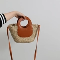 Borsa a tracolla in paglia tailandese con manici e tracolla in pelle marrone - Marrone