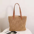 Große Stroh-Schultertasche mit braunen Ledergriffen für Strandurlaub und Freizeit - Stroh Gewebtes Schachbrett (Kaffee) / Hellkaffee