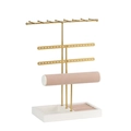 Golden metal jewelry tower with pink velvet bracelet bar and ring slots display stand - Gold Stand White Tray Pink Velvet Style (TMSSJ-0721 Gold)