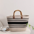 Große gestreifte Baumwoll-Strandtasche mit Bambusgriffen im Vintage-Stil für Damen - Schwarz-weiße Streifen