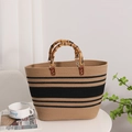 Französische Retro-Gestreifte Baumwolltasche mit Bambusgriffen für Strand und Urlaub - Schwarz und Kaffee gestreift