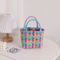 Bolso tote de tejido a cuadros rosas con asas redondas para vacaciones y playa - Azul y Púrpura