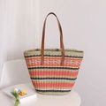 Borsa tote in paglia a righe retrò con manici in pelle per le vacanze al mare - Strisce Arancione