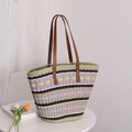 Borsa tote in paglia a righe con manici in pelle marrone e motivo colorato pastorale - Strisce Viola