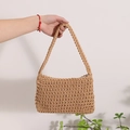 Handmade khaki cotton crochet shoulder bag with rectangular design and woven texture - Coffee