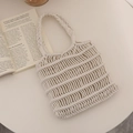 Beige hollow cotton macrame woven bag for summer beach vacation and casual travel - White