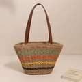 Borsa in paglia stile francese a strisce colorate con tracolla in pelle marrone - Strisce Caffè