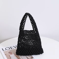 Chic black woven cotton rope tote bag with a minimalist diamond mesh pattern - Black