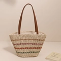 Borsa tote francese in paglia con strisce colorate e manici in pelle per vacanze al mare - Strisce Beige