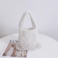 Handmade white cotton woven handbag in candy color with mesh hollow design for summer - White