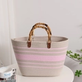 Große handgewebte Baumwolltasche mit rosa Streifen und natürlichen Bambusgriffen - Cremeposa Gestreift