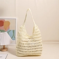 Beigefarbene Häkel-Stroh-Tote-Bag mit Leinen-Innentasche für den Strandurlaub - Weiß (Mit Futter)