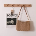 Handwoven khaki straw shoulder bag with dark brown resin chain strap for beach vacations - Coffee