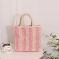 Pink and beige vertical striped hand-woven straw tote bag for summer beach vacations - Large / Pink
