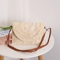 Handmade woven envelope crossbody bag in natural beige with brown faux leather strap - Beige