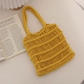 Bright yellow hollow-out woven tote bag with integrated handles for beach summer vacation - Yellow
