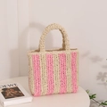 Pink and beige vertical striped straw tote bag with round handles for summer beach - Small / Pink