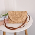 Rectangular woven straw crossbody bag in natural fiber with brown leather shoulder strap - Coffee