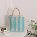 French style straw tote bag with beige and blue vertical stripes for beach vacations - Large / Blue