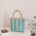 Vertical striped beige and blue French woven straw handbag for beach vacations - Small / Blue