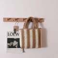 Vertical striped straw tote bag in brown and white with matching woven handles - Small / Coffee