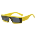 Detail shot of bright yellow oversized square sunglasses with wide temples and dark lenses - Yellow