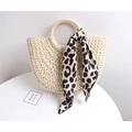 Close-up of semi-circle straw bag with leopard print scarf and round handle - Off-white + Leopard Scarf