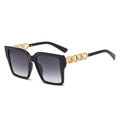 Oversized square sunglasses with black frame and gold metal chain temples for women - Bright Black