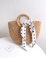 Detail of a handmade semi-circular straw bag with black polka dot scarf and fabric lining - Coffee + White Black Polka Dot Scarf