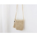 Borsa a tracolla in paglia con motivi a fiori, perline di legno e nappe lunghe - Beige