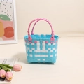 Bolso de paja tejida a cuadros azules y blancos con asas rosas de estilo muy lindo - Azul Blanco con Asa Rosa