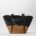 Large color-block straw tote bag in black and khaki for beach vacation and summer fashion - Color Block/Black & Natural