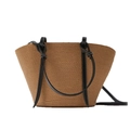Handwoven straw tote bag with brown texture and black leather straps for beach holidays - Natural/Solid