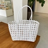 Handcrafted white hollow mesh woven tote bag with round handles for beach vacations - White