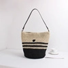 Straw striped bucket bag in beige and black with leather shoulder strap for beach - Black
