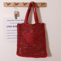 Handmade red hollow crochet beach bag with heart pattern on minimalist wall hook - Square Inverted Triangle Embroidery Style / Red