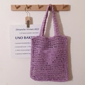 Handcrafted purple crochet straw tote bag with cutout pattern for summer beach vacations - Square Inverted Triangle Embroidery Style / Purple